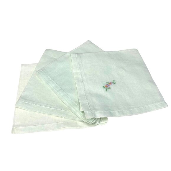 Vintage Embroidered Handkerchief Set of 4 Cross Stitch Ladies Mint Green - Picture 1 of 6